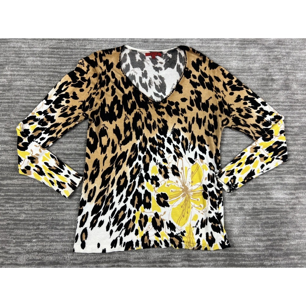 Joni B. Sweater Women M Tan Leopard Floral V-Neck Long Sleeve Viscose Pullover